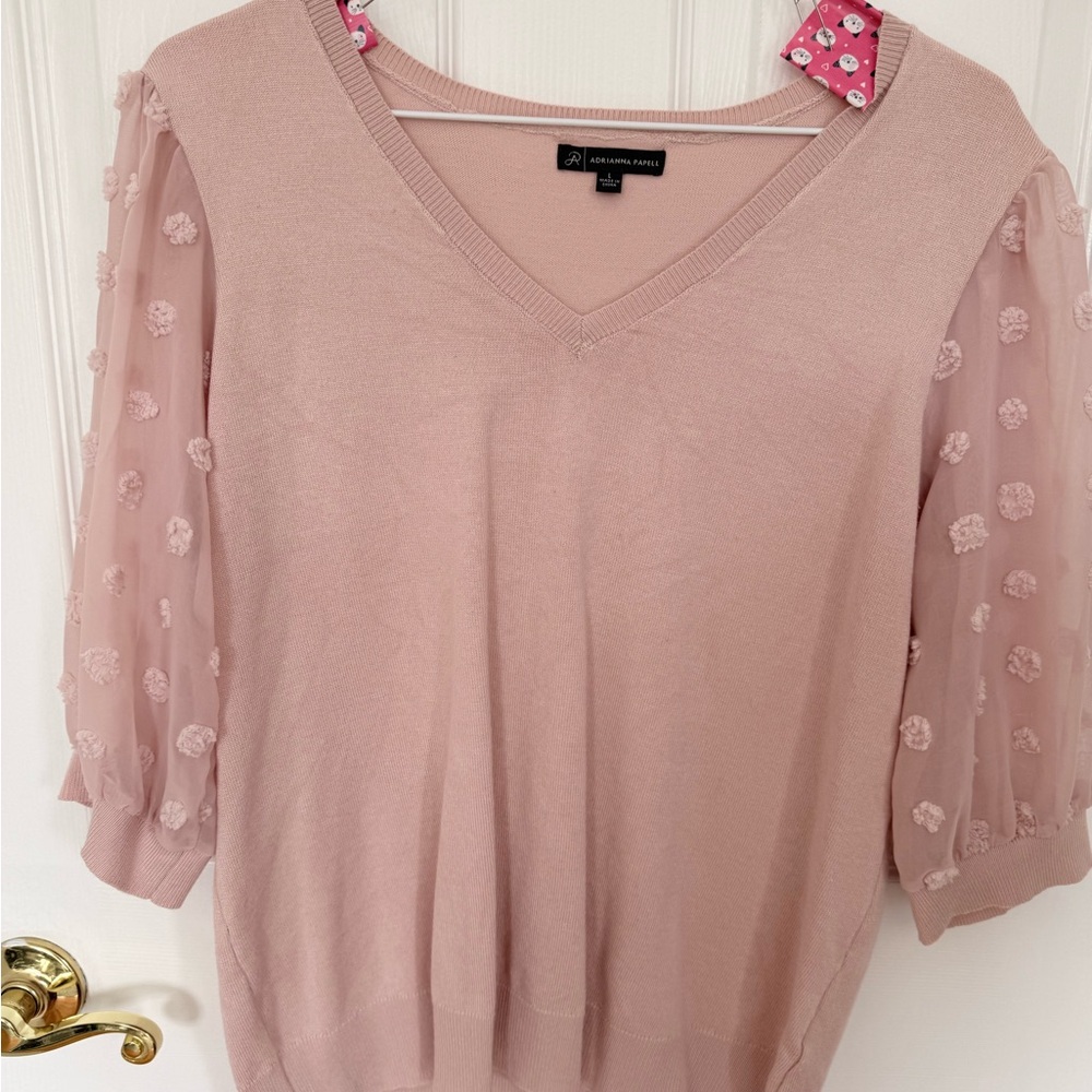 Adrianna Papell Blush V-Neck Blouse with Floral Sleeves